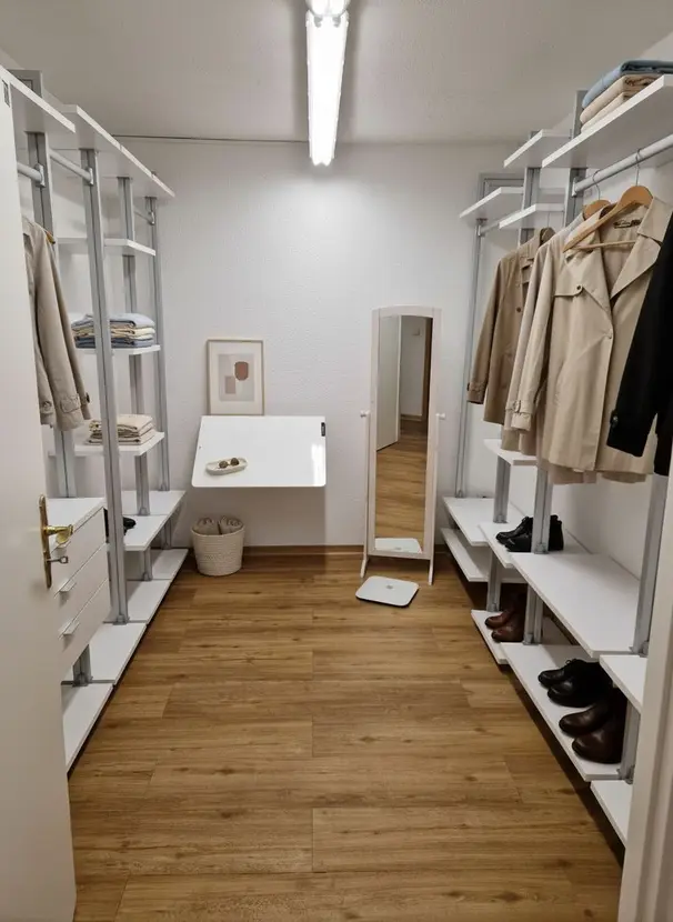 Separates Ankleidezimmer mit offenen Kleiderschränken und Spiegel