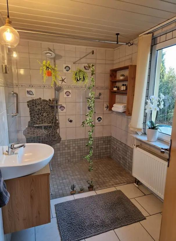 Badezimmer mit bodengleicher Dusche, Waschbecken und Gartenfenster