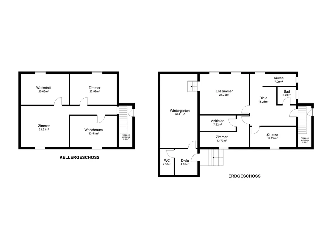 Grundrissdarstellung von Erdgeschoss und Kellergeschoss mit Raumgrößen