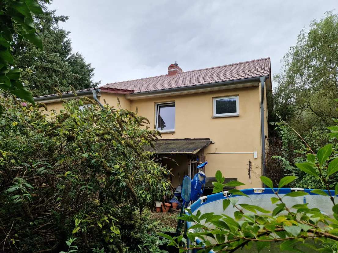 Rückansicht des Hauses mit dichtem Garten und aufgestelltem Pool