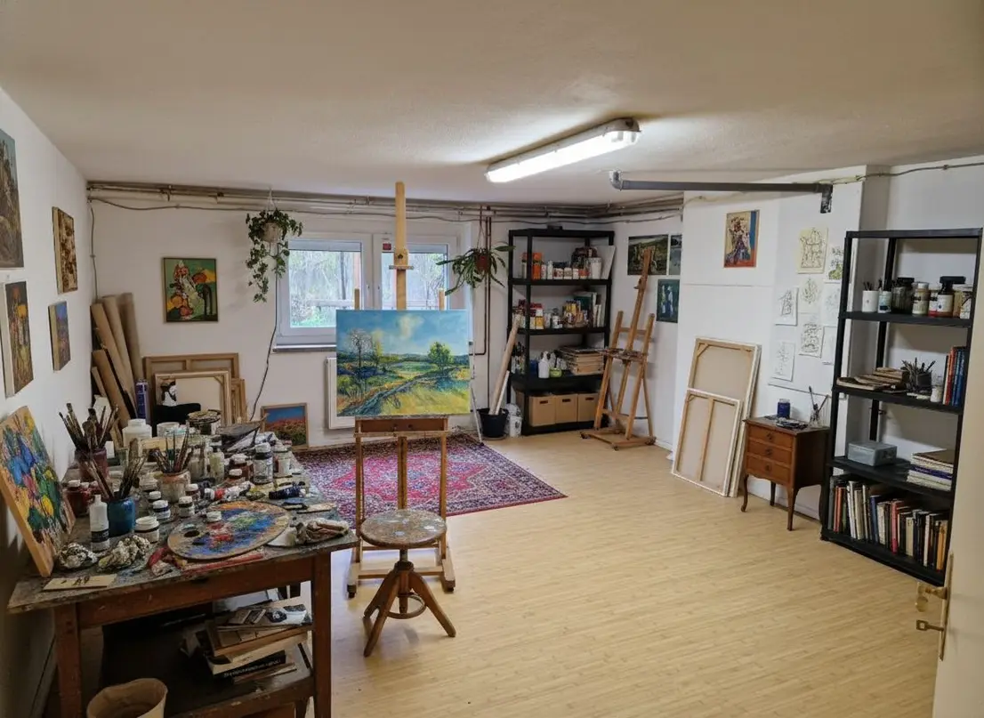 Geräumiger Hobbyraum im Keller mit Atelier- und Arbeitsbereich