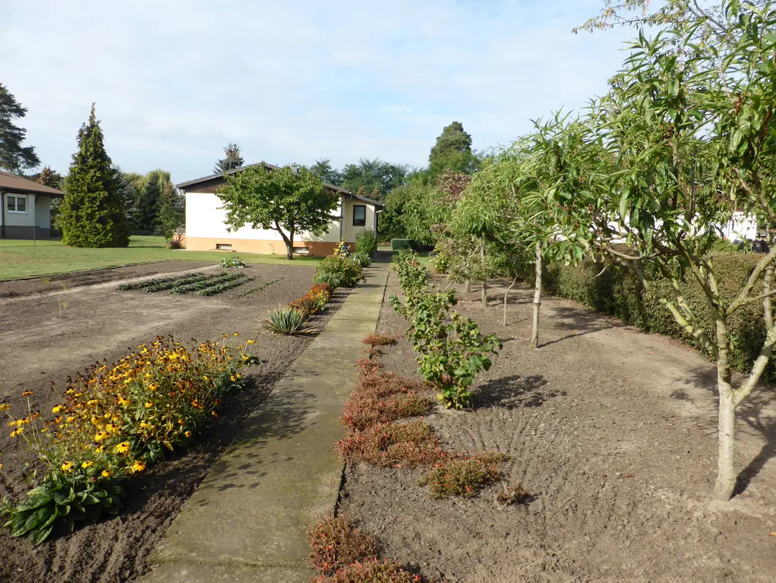 Langer Gartenweg zwischen angelegten Gemüsebeeten