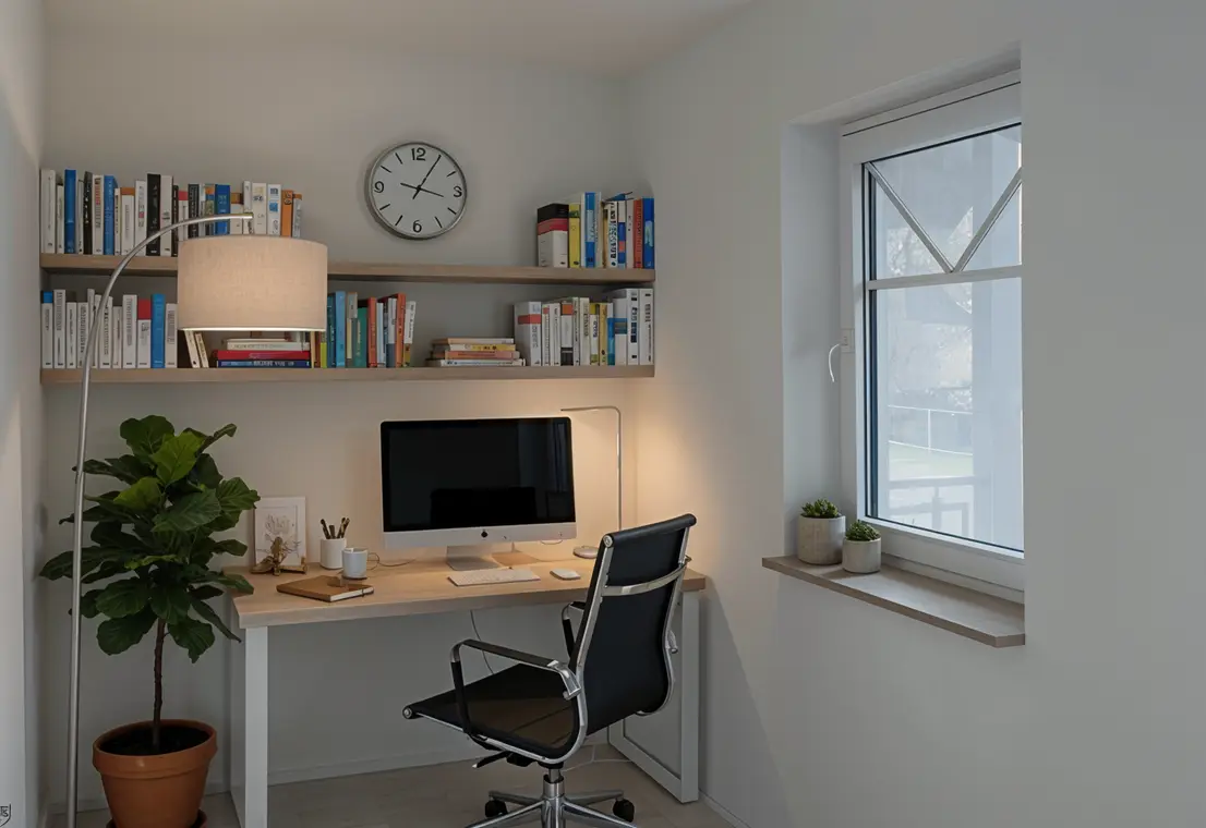 Kompaktes Arbeitszimmer mit Schreibtisch und Zugang zum Balkon