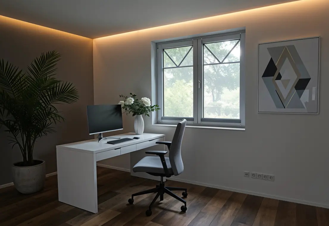 Arbeitszimmer mit Schreibtisch und großem Fenster zum Garten