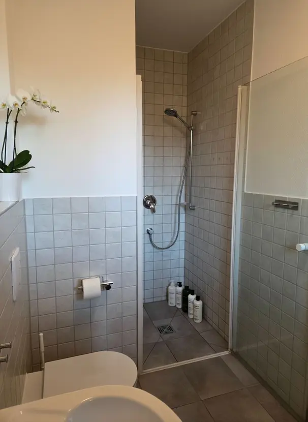 Gäste-WC mit bodengleicher Dusche und hellgrauen Fliesen