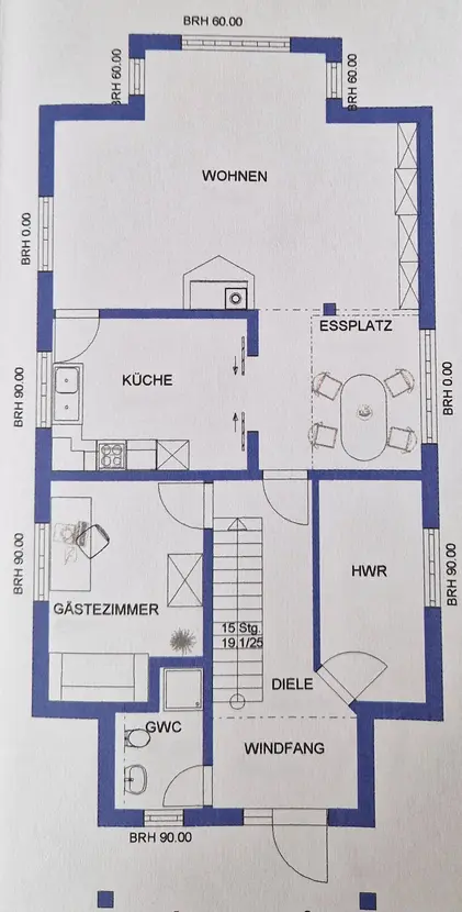 Grundriss des Erdgeschosses mit Wohnbereich, Küche und Gästezimmer