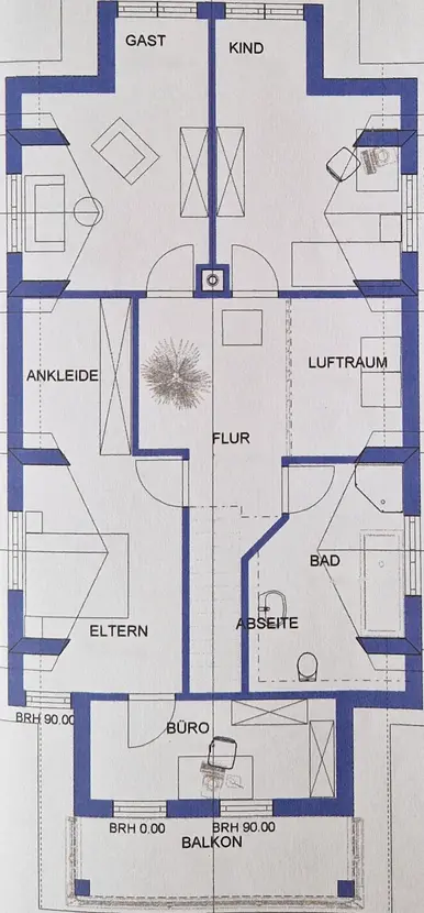 Grundriss des Obergeschosses mit Schlafzimmern, Arbeitszimmer und Bad