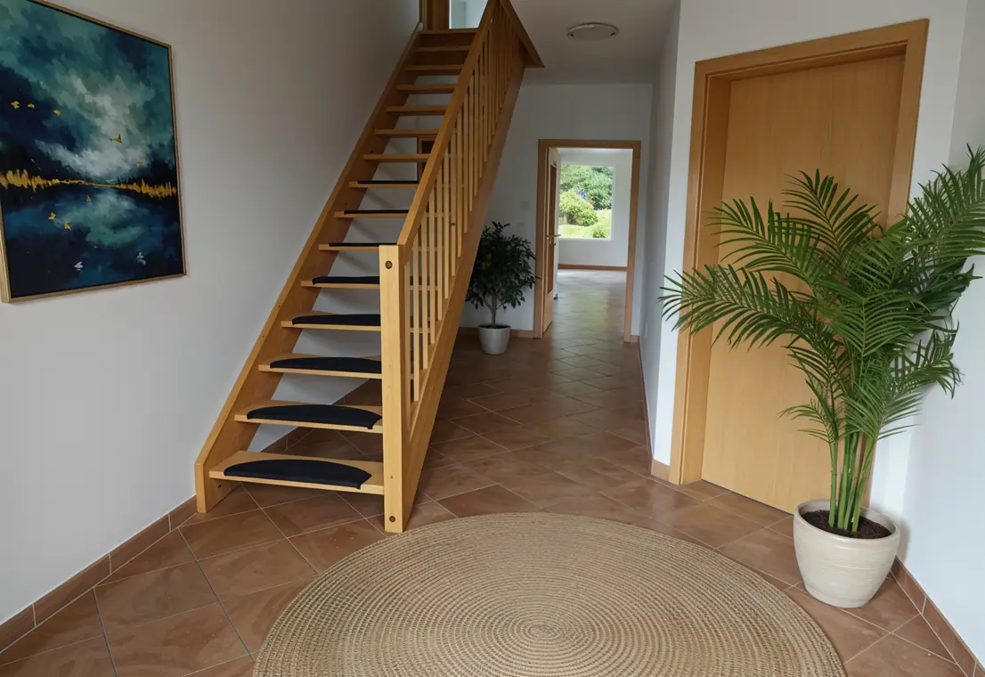 Heller Eingangsbereich mit Holztreppe und Blick in den Garten