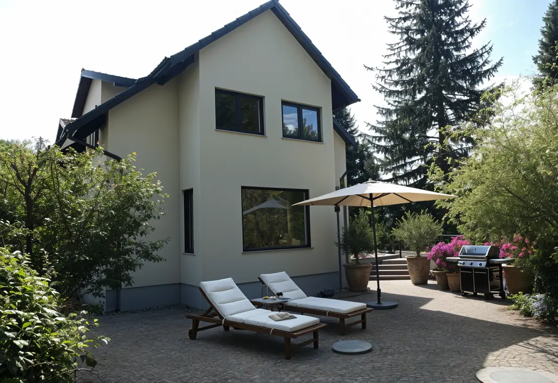 Rückseite des Hauses mit weitläufiger Terrasse, Liegen und Sonnenschirm