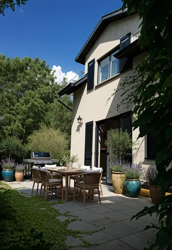 Geschützte Gartenterrasse mit Esstisch, Grill und mediterraner Bepflanzung