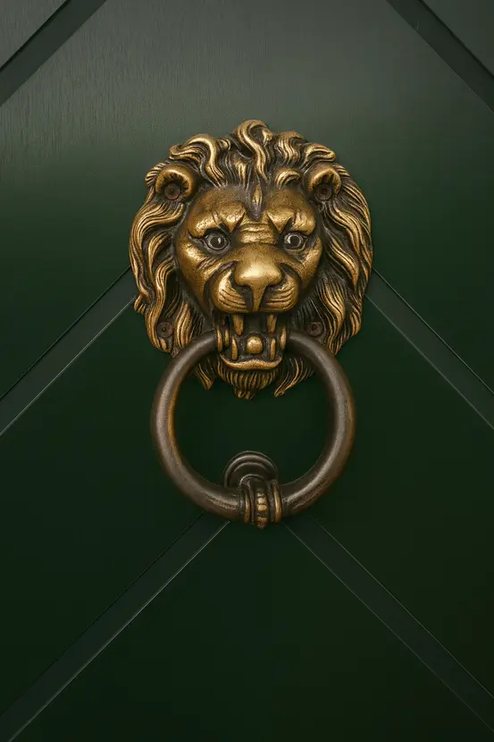 Detail der dunkelgrünen Haustür mit bronzefarbenem Löwen-Türklopfer