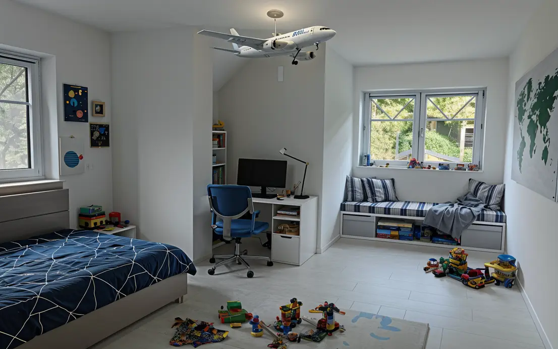 Geräumiges Kinderzimmer mit blauem Bett, Spielbereich und Schreibtisch