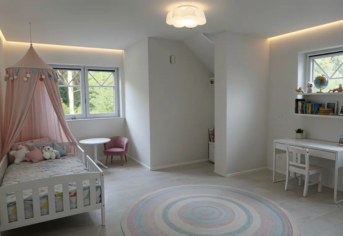 Helles Kinderzimmer mit rosa Himmelbett und eigenem Schreibtisch