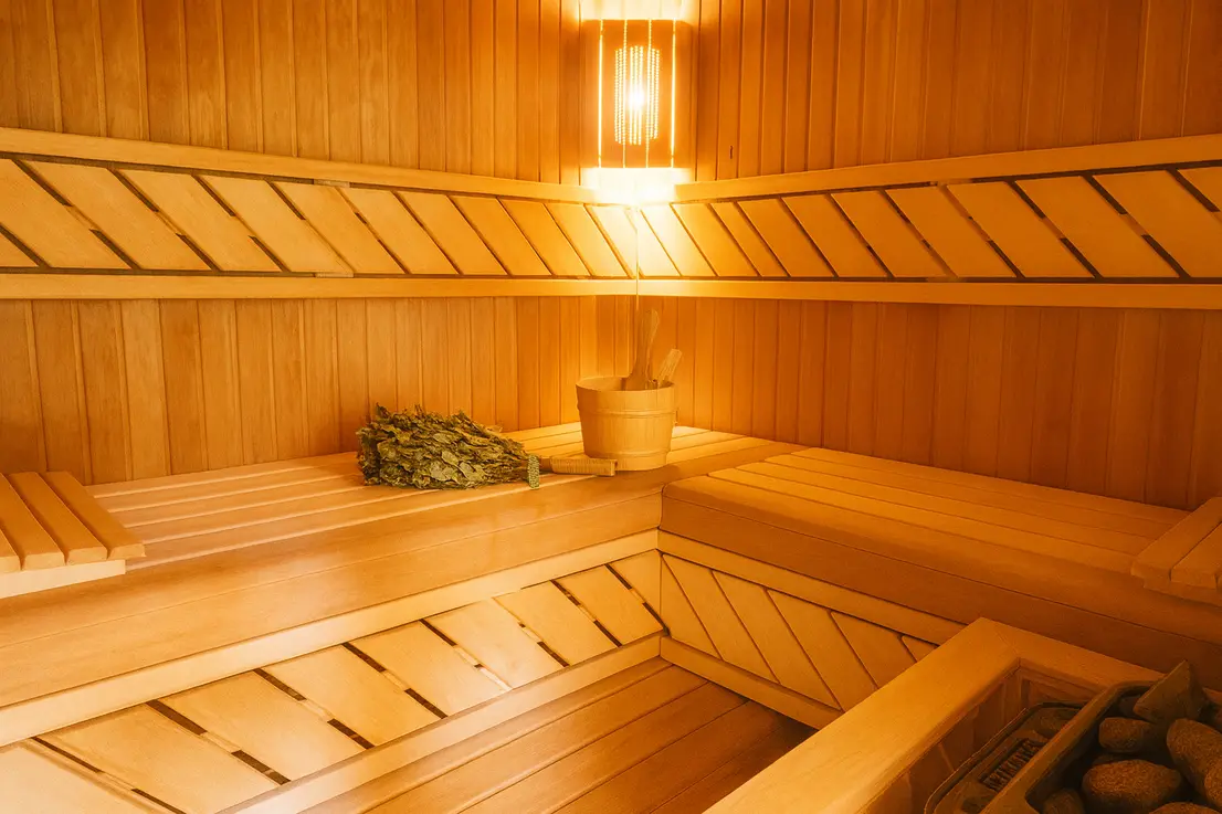 Innenansicht der Holzsauna mit mehreren Sitzebenen und Saunaofen