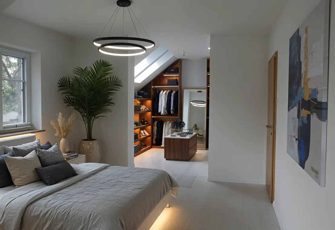 Schlafzimmer mit angrenzender beleuchteter Ankleide unter der Dachschräge