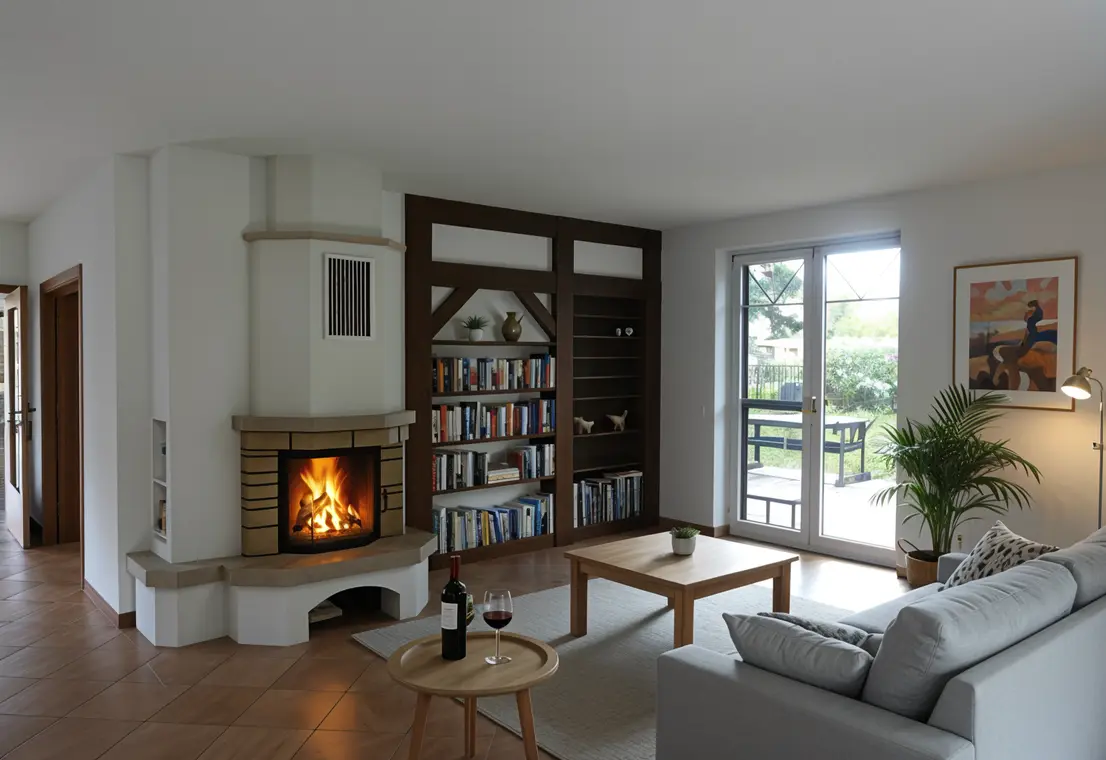 Helles Wohnzimmer mit Wohnkamin, Bücherregal und Zugang zum Garten
